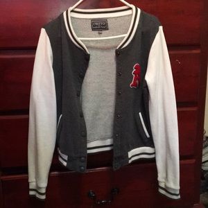 Grey and white lettermen’s jacket